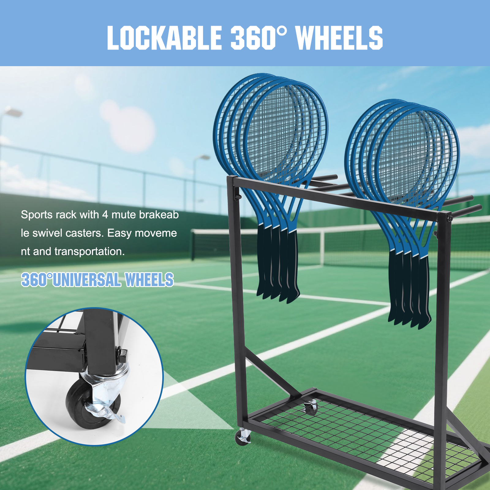 Sports Equipment Cart - Sports Racquet Storage Organizer Rack with